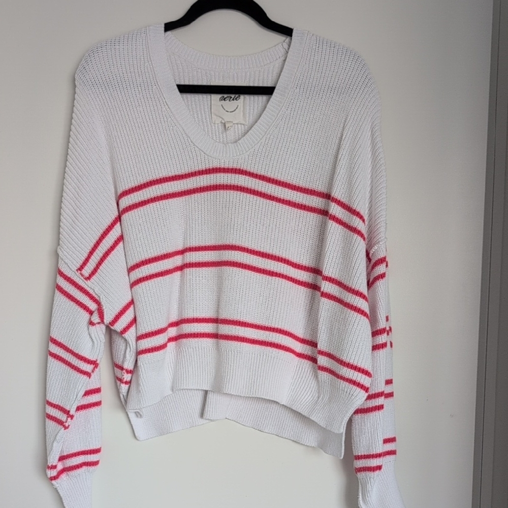 American Eagle Cozy White and Pink/Red Striped Thick Sweater